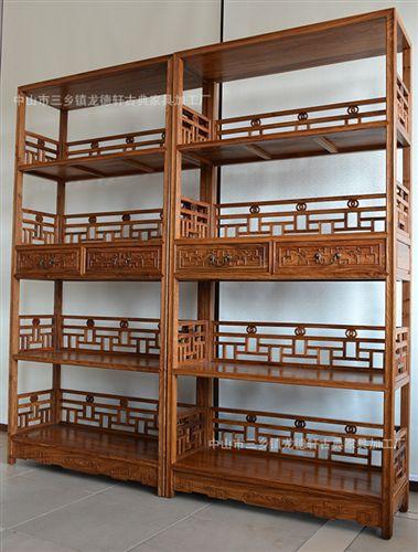 廠(chǎng)家直銷(xiāo) 非洲花梨木雕花格子書(shū)架 茶葉架龍德軒仿古實(shí)木家具批發(fā)